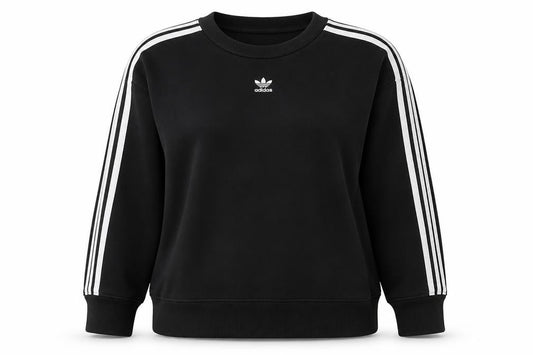 Front view of Adidas women’s black crew neck long sleeve pullover sweatshirt, size UK 14