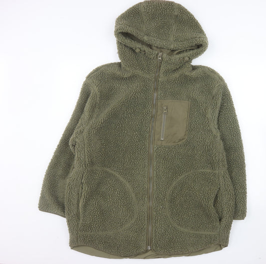H&M Women’s Green Fleece Hooded Mid-Length Jacket Size 12