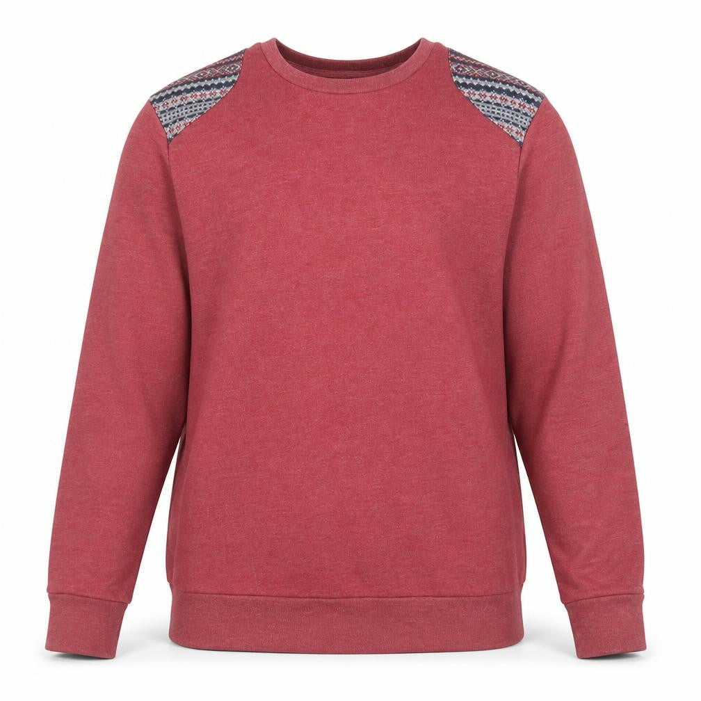 Front view of Burton men’s red fair isle shoulder crew neck sweatshirt, size L