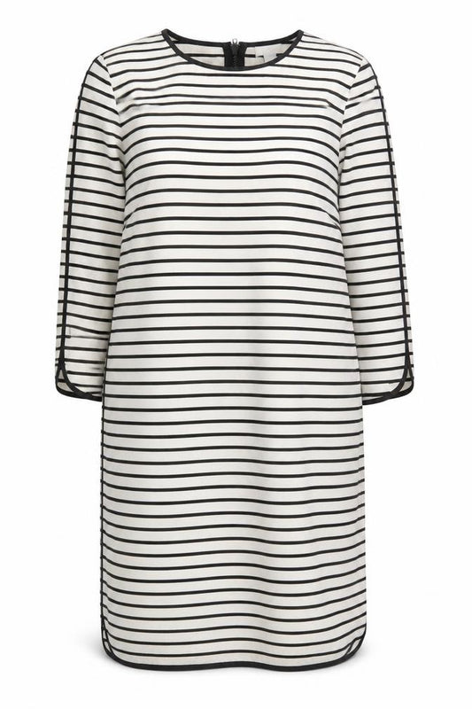 Front view of Kenar Women Black White Striped Shift Dress, size 14, 3/4 Sleeve