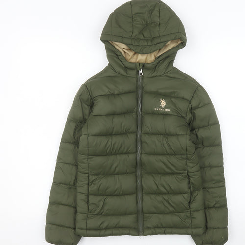 U.S. Polo Assn. Boys Green Hooded Puffer Jacket 8-9 Years Polyester Lined Zip Coat