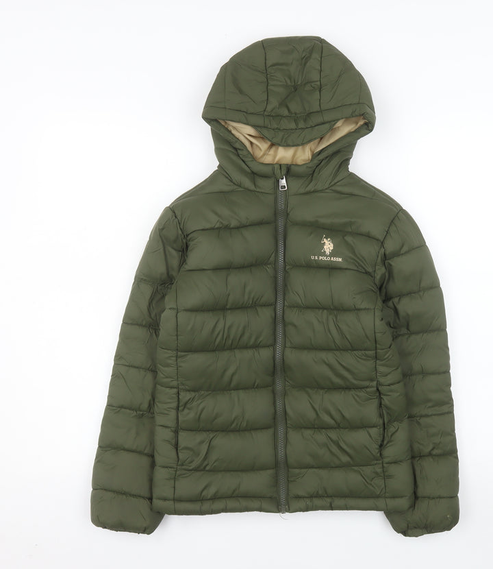 U.S. Polo Assn. Boys Green Hooded Puffer Jacket 8-9 Years Polyester Lined Zip Coat