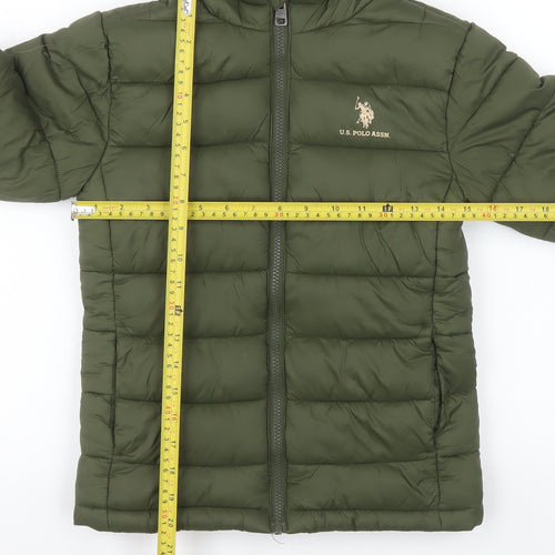 U.S. Polo Assn. Boys Green Hooded Puffer Jacket 8-9 Years Polyester Lined Zip Coat