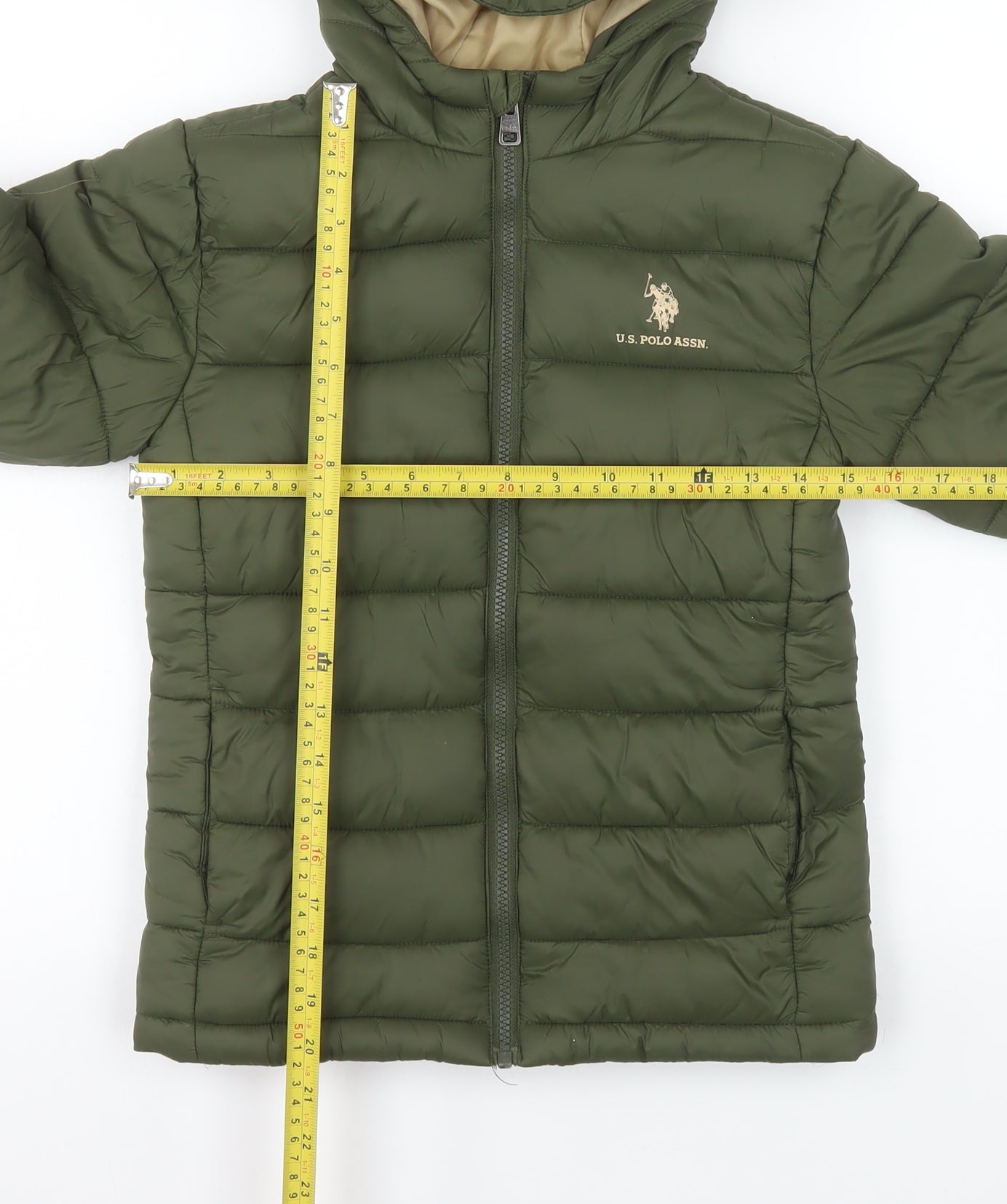 U.S. Polo Assn. Boys Green Hooded Puffer Jacket 8-9 Years Polyester Lined Zip Coat