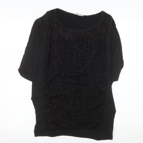 Promod Women's Black Glitter Panel Top Size 12 Short Sleeve