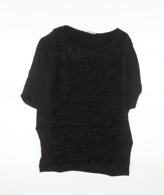Promod Women's Black Glitter Panel Top Size 12 Short Sleeve