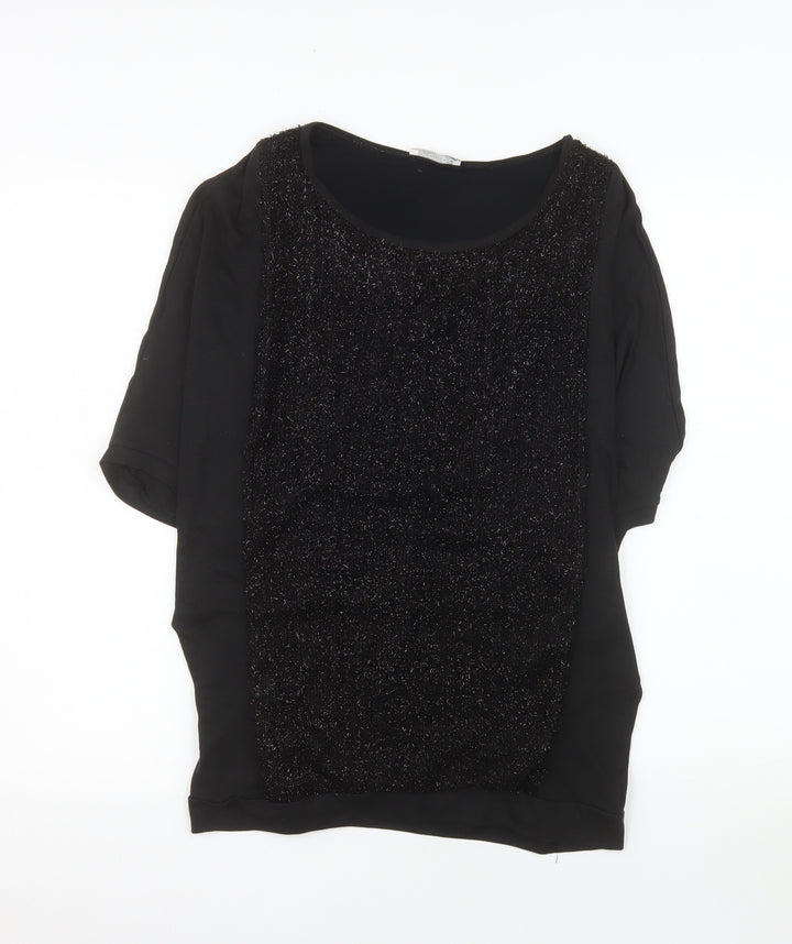 Promod Women's Black Glitter Panel Top Size 12 Short Sleeve