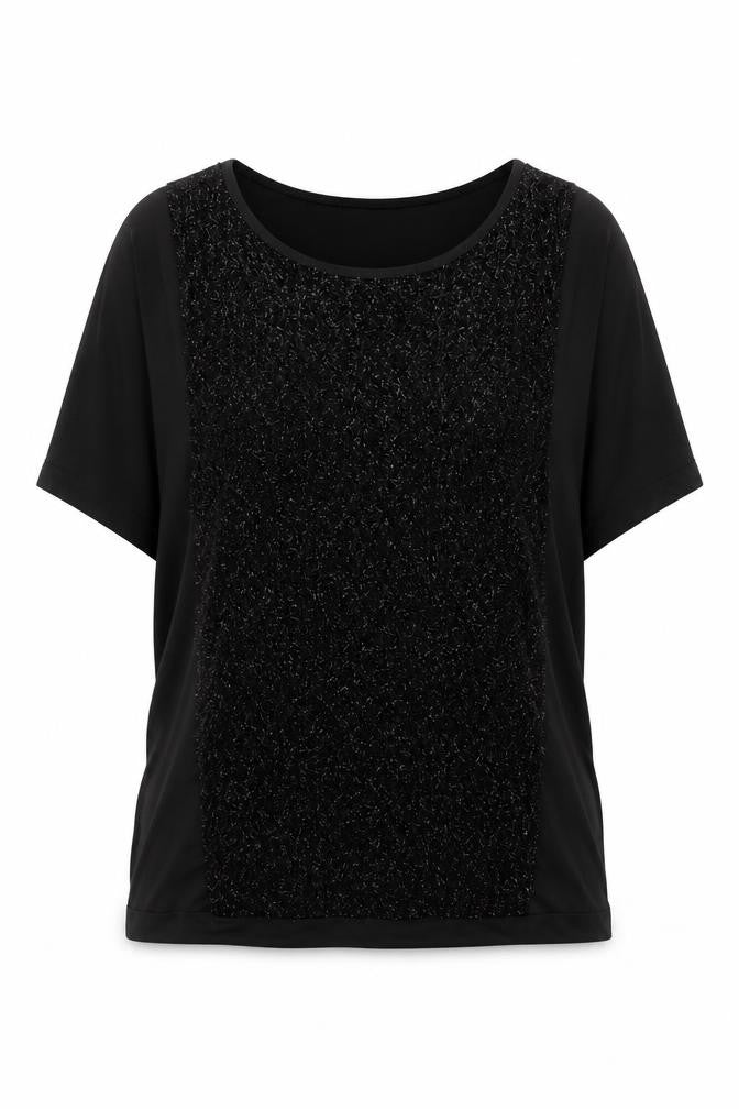 Front view of Promod Women's Black Glitter Panel Top, size 12, Short Sleeve