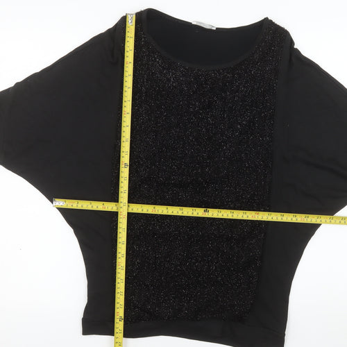 Promod Women's Black Glitter Panel Top Size 12 Short Sleeve