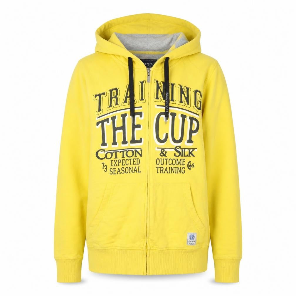 Front view of Cotton & Silk Women Yellow Hooded Full Zip Jacket, size M