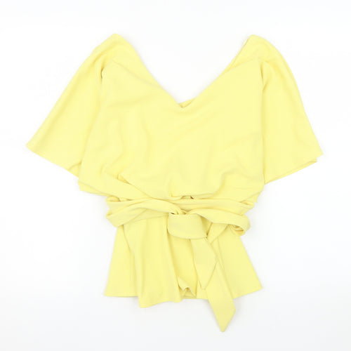 Quiz Women’s Yellow Wrap Blouse Size 8 Short Sleeve V-Neck Lightweight