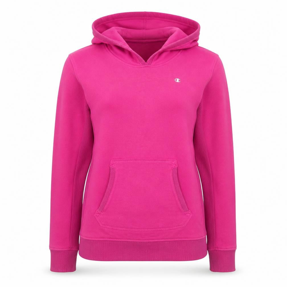 Front view of Champion Women's Pink Pullover Hoodie, size L, Cotton Blend