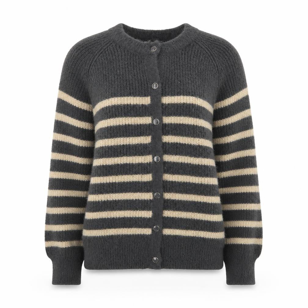 Front view of Inextenso women’s grey striped long sleeve cardigan l