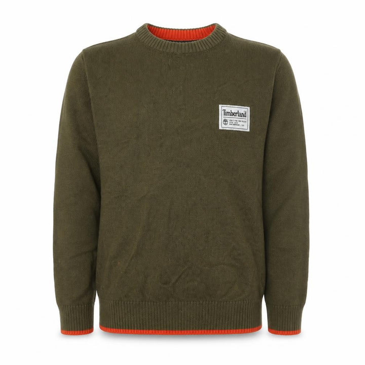 Front view of Timberland boys’ green crew neck cotton jumper, size 4, years