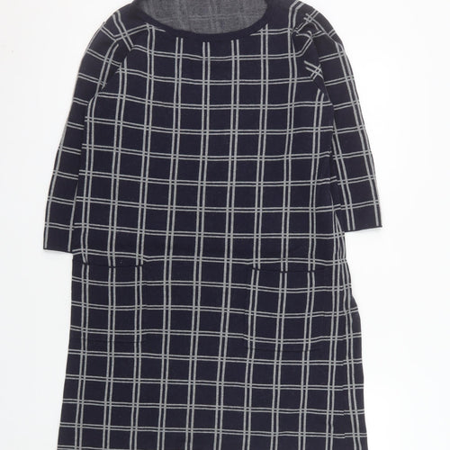 s.Oliver Women Blue Check Shift Dress Size 12 3/4 Sleeve Knit