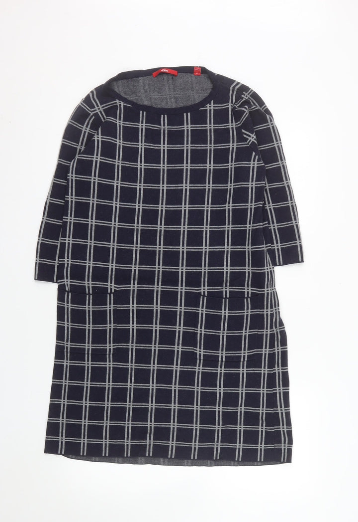 s.Oliver Women Blue Check Shift Dress Size 12 3/4 Sleeve Knit