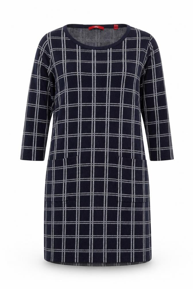 s.Oliver Women Blue Check Shift Dress Size 12 3/4 Sleeve Knit