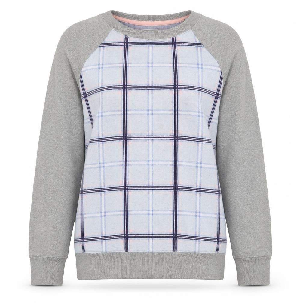 Front view of Jack Wills women’s grey blue checked pullover sweatshirt uk 8