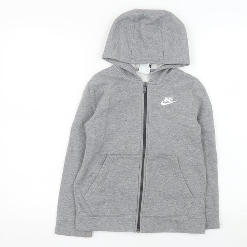 Nike Girls Grey Full Zip Hooded Jacket 8-9 Years Cotton Blend