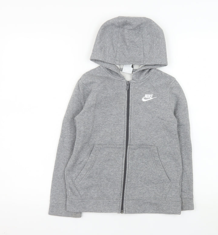 Nike Girls Grey Full Zip Hooded Jacket 8-9 Years Cotton Blend