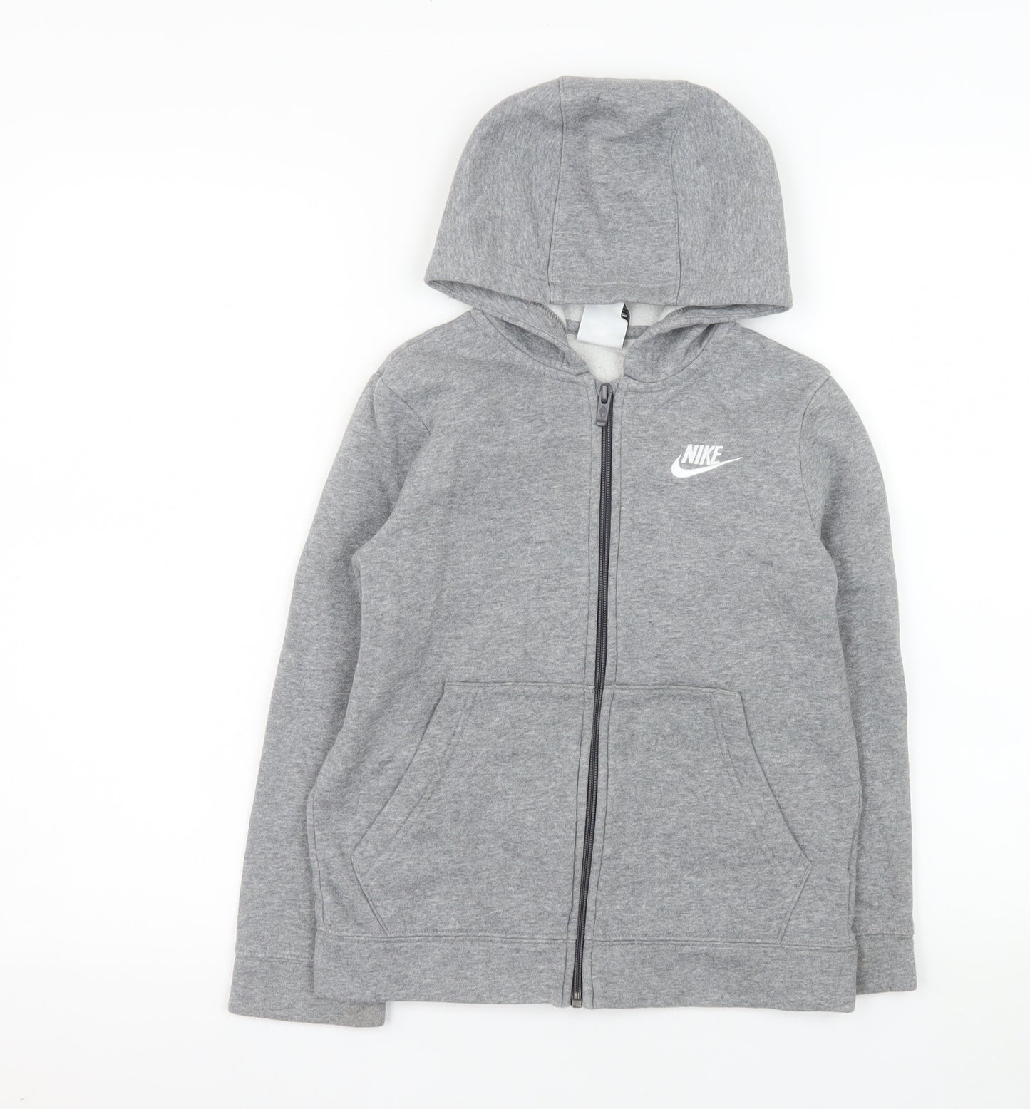 Nike Girls Grey Full Zip Hooded Jacket 8-9 Years Cotton Blend