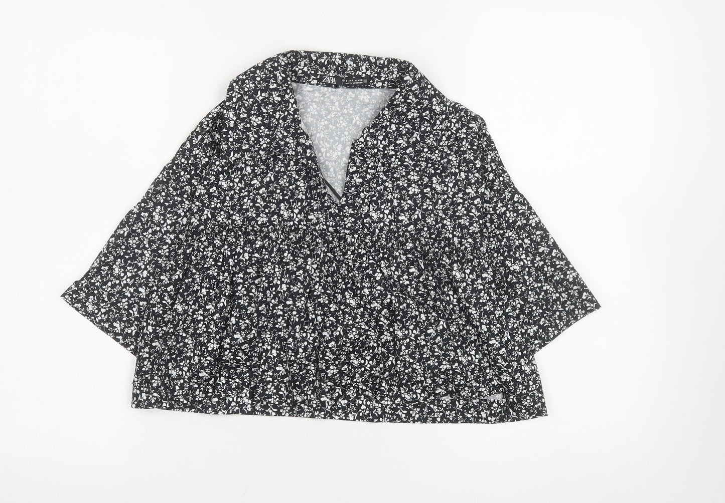 ZARA Women Black Floral Blouse 100% Cotton Size S Casual