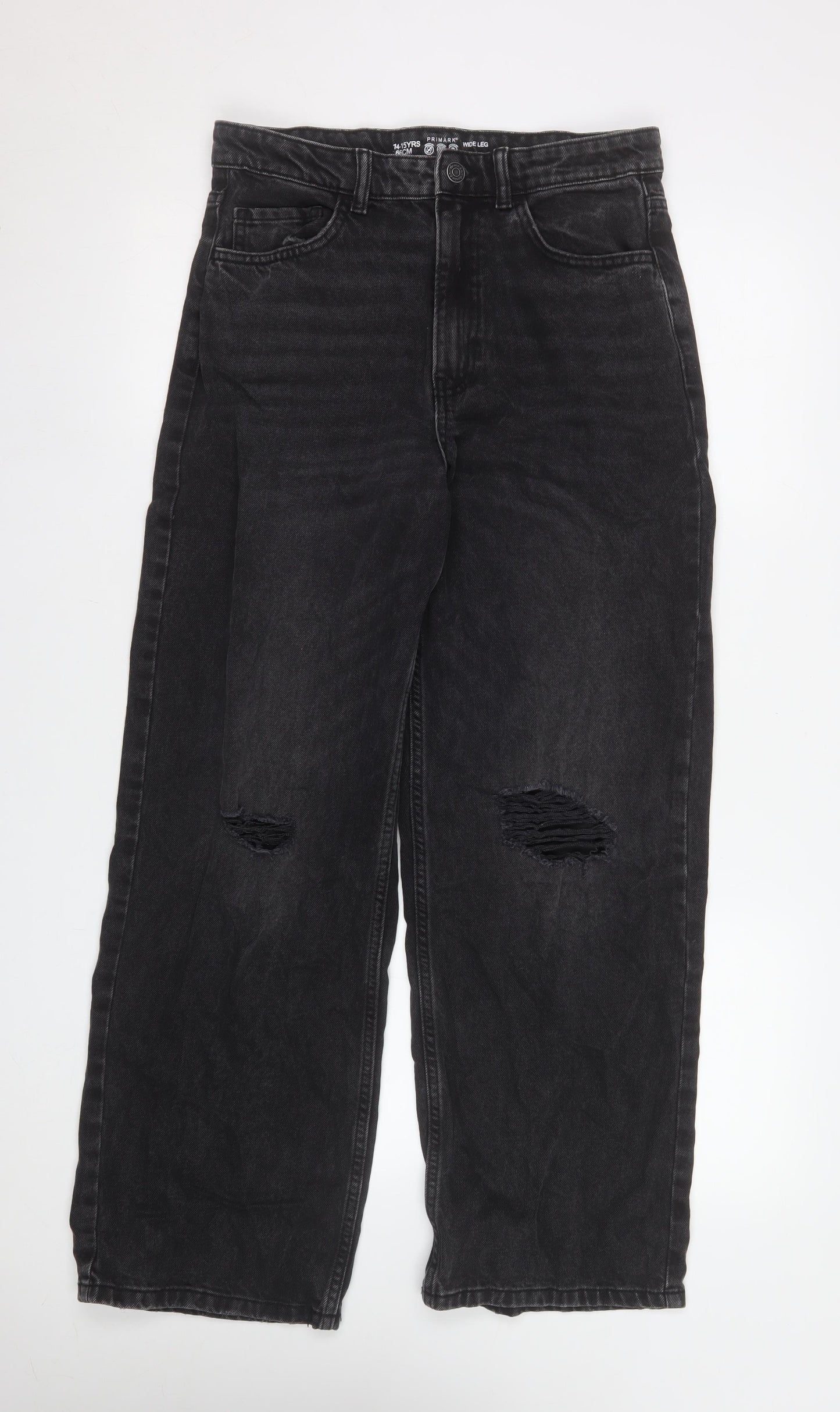 Primark Girls Black Wide-Leg Ripped Jeans Size 14-15 Years High Waist Denim