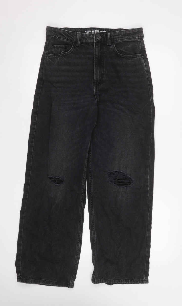 Primark Girls Black Wide-Leg Ripped Jeans Size 14-15 Years High Waist Denim