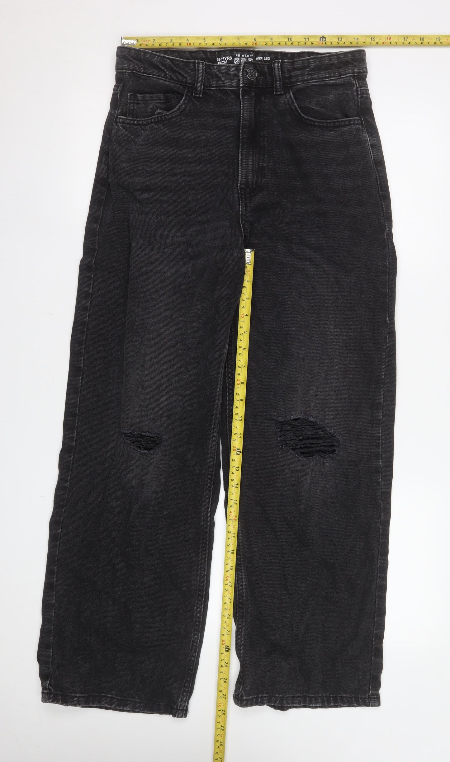 Primark Girls Black Wide-Leg Ripped Jeans Size 14-15 Years High Waist Denim