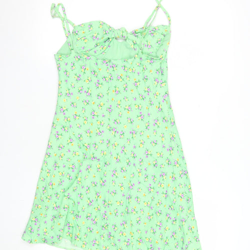 Zara Women Green Floral Slip Dress Size 12 Sleeveless Summer Short