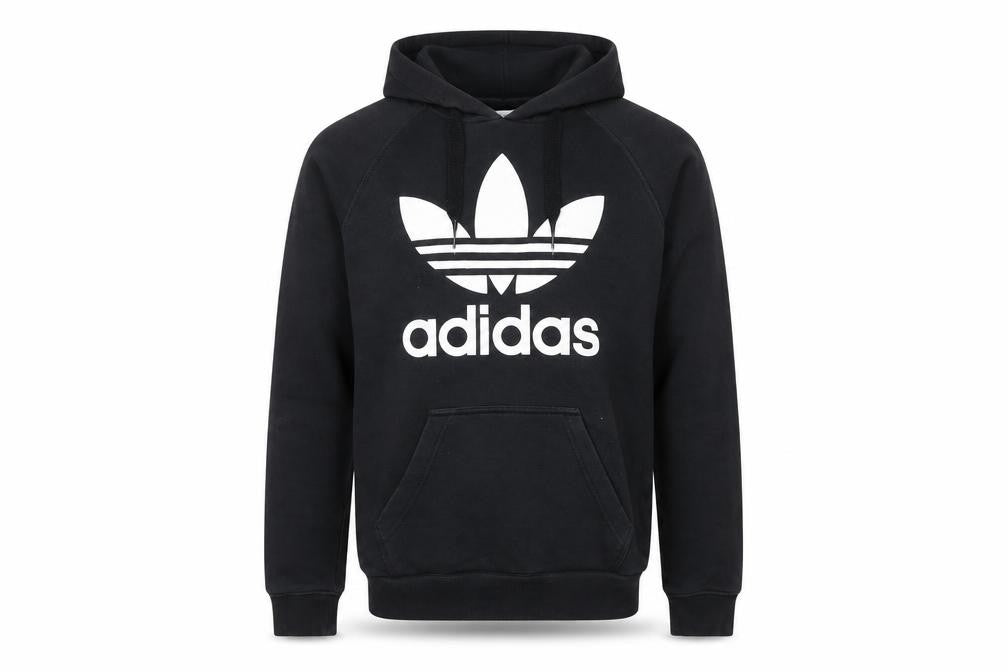 Front view of Adidas Men's Black XS Pullover Hoodie with Trefoil Logo