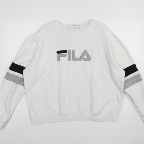 FILA Women’s White XXL Crew Neck Sweatshirt with Logo and Striped Sleeves