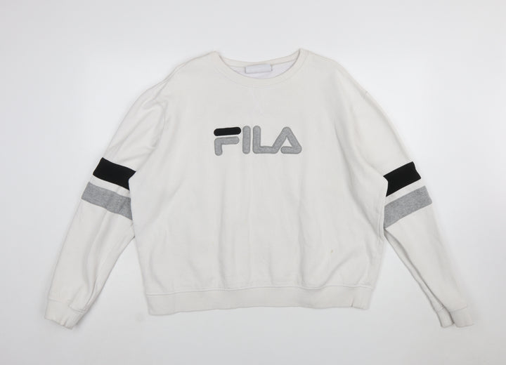 FILA Women’s White XXL Crew Neck Sweatshirt with Logo and Striped Sleeves