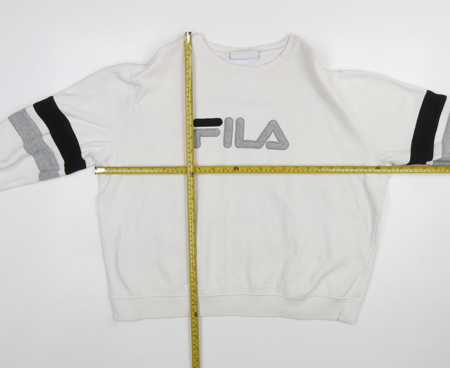 FILA Women’s White XXL Crew Neck Sweatshirt with Logo and Striped Sleeves