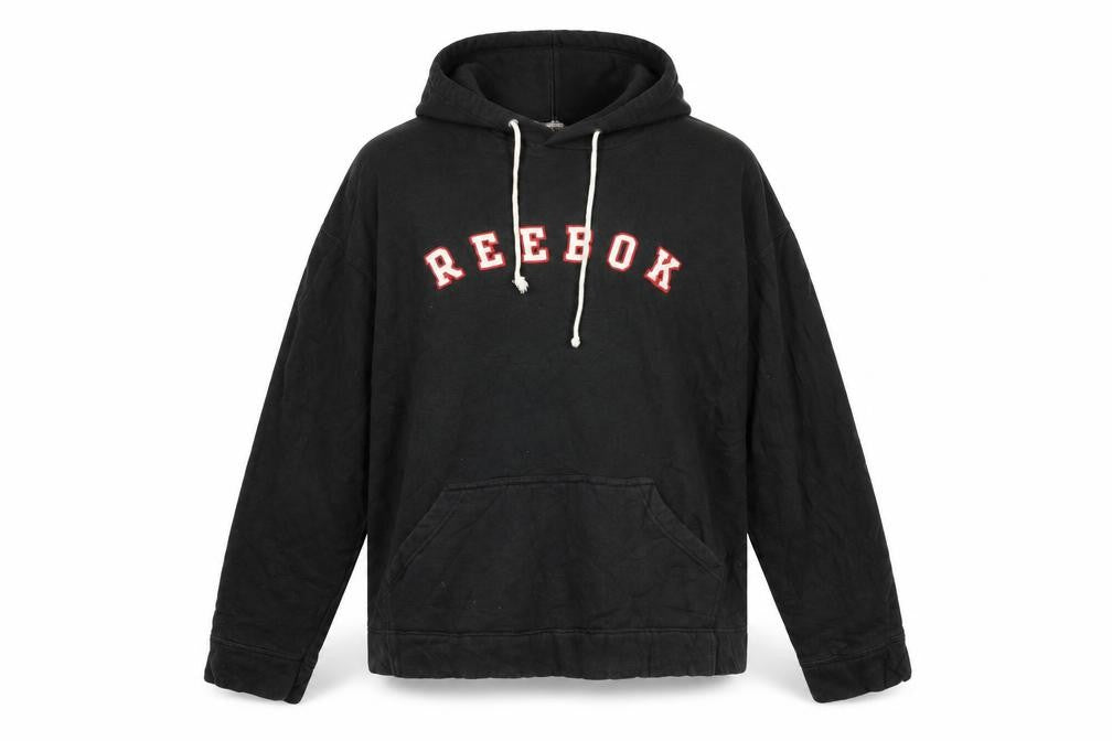 Front view of Reebok Men's Black XL Pullover Hoodie with Logo and Kangaroo Pocket