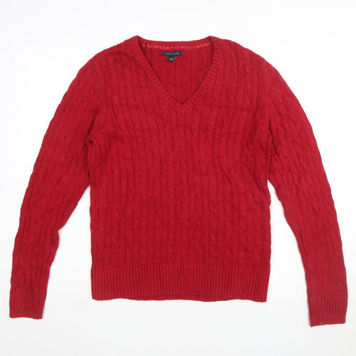 Tommy Hilfiger Women's Red V-Neck Cable-Knit Cotton Jumper XL