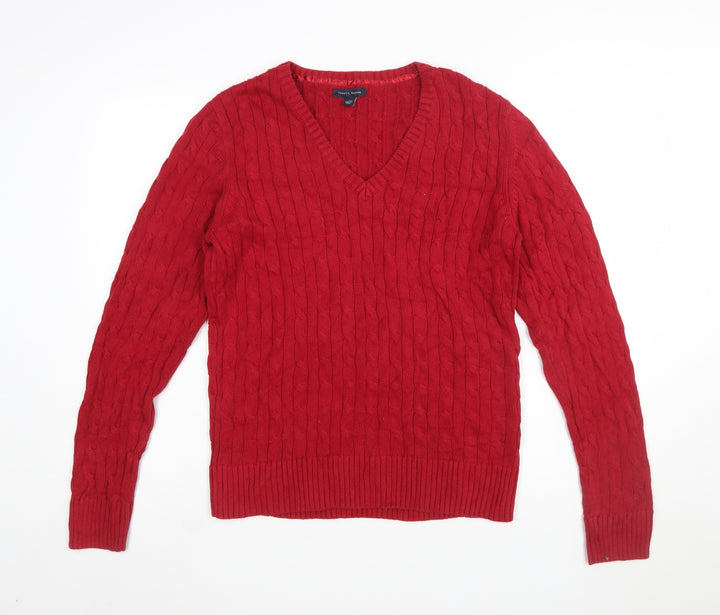 Tommy Hilfiger Women's Red V-Neck Cable-Knit Cotton Jumper XL