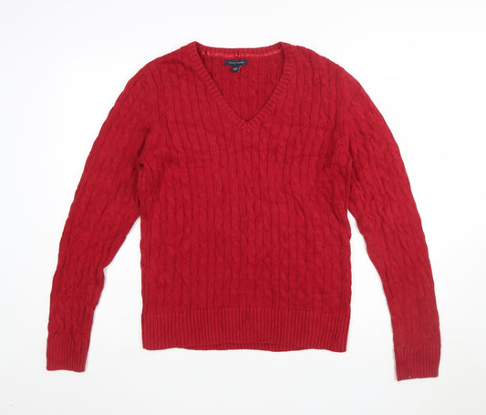 Tommy Hilfiger Women's Red V-Neck Cable-Knit Cotton Jumper XL