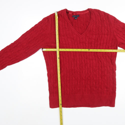 Tommy Hilfiger Women's Red V-Neck Cable-Knit Cotton Jumper XL