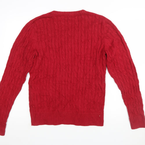 Tommy Hilfiger Women's Red V-Neck Cable-Knit Cotton Jumper XL