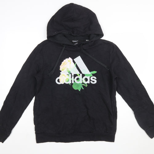 Adidas Women Black Floral Logo Pullover Hoodie Size L