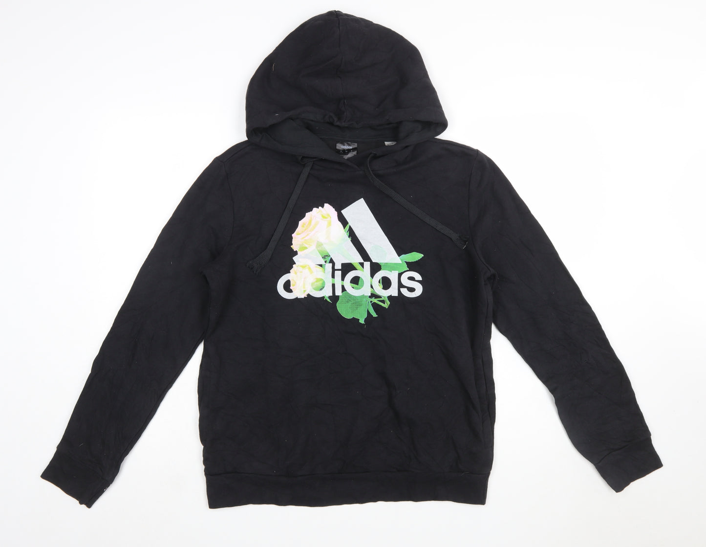 Adidas Women Black Floral Logo Pullover Hoodie Size L