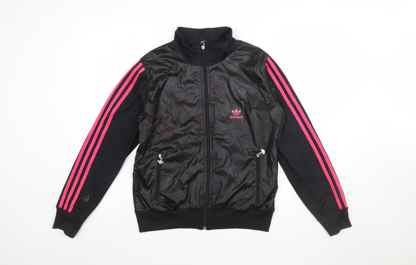 Adidas Womens Black Full Zip Hoodie XL Pink Stripe Polyester