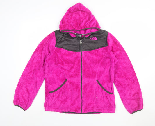 Front view of The North Face girls’ pink hooded fleece jacket xl (18) full zip lined