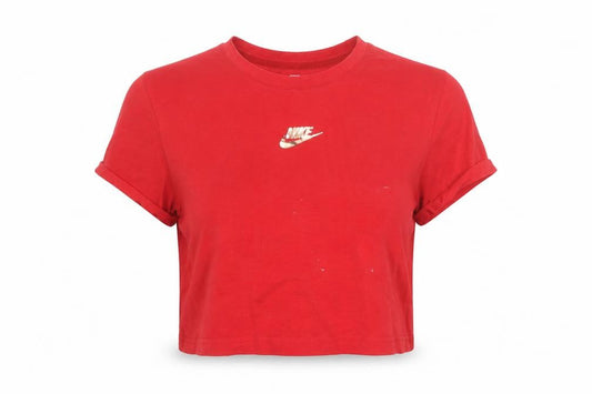 Front view of Nike girls’ red cropped dri-fit t-shirt xl athletic fit sports top