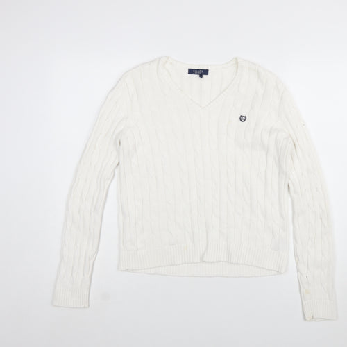 Chaps Women's White V-Neck Cable Knit Cotton Jumper Size M