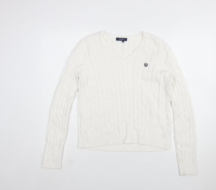 Chaps Women's White V-Neck Cable Knit Cotton Jumper Size M