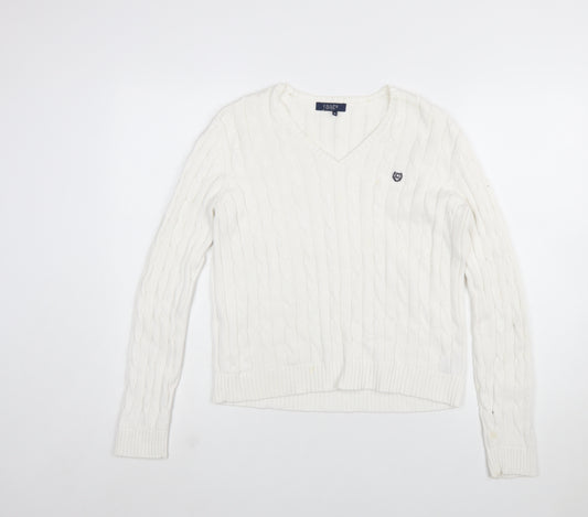 Chaps Women's White V-Neck Cable Knit Cotton Jumper Size M