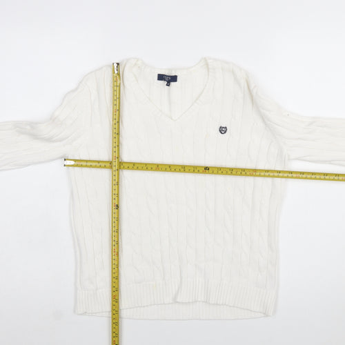 Chaps Women's White V-Neck Cable Knit Cotton Jumper Size M