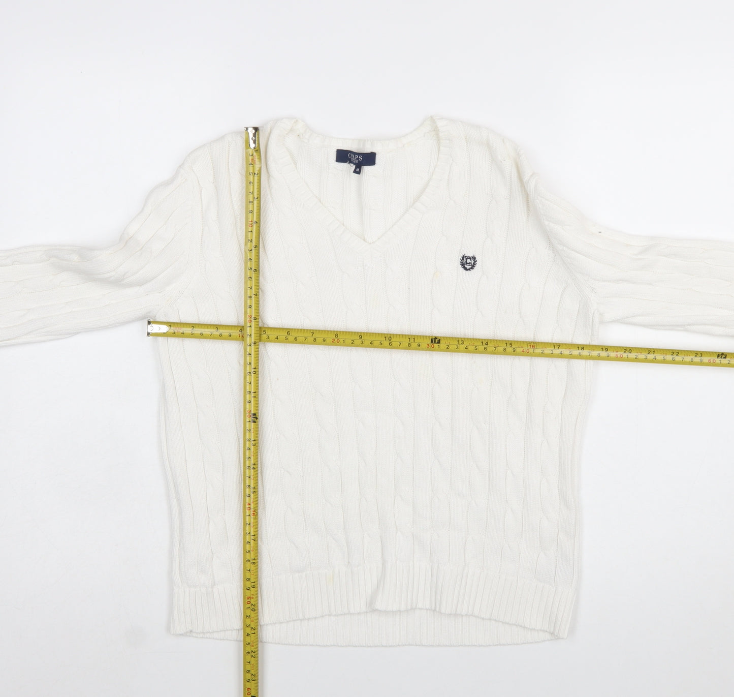Chaps Women's White V-Neck Cable Knit Cotton Jumper Size M